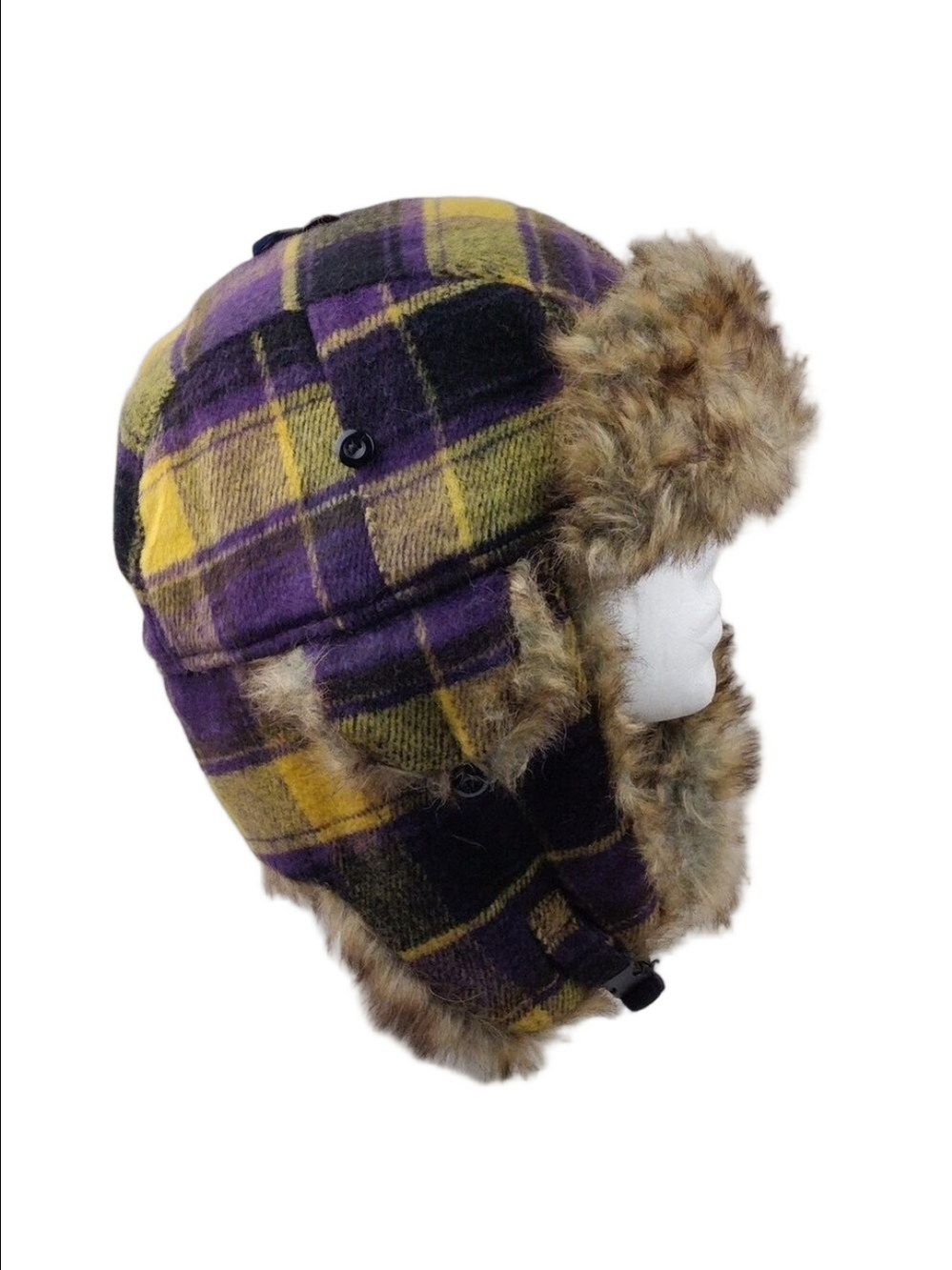 Polar Extreme Headware Purple Plaid Wool Blend Faux Fur Clip Front Trapper Hat
